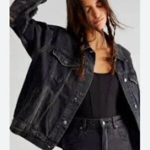 Free People Jolene Oversized Trucker Denim Jean Jacket In Black Large